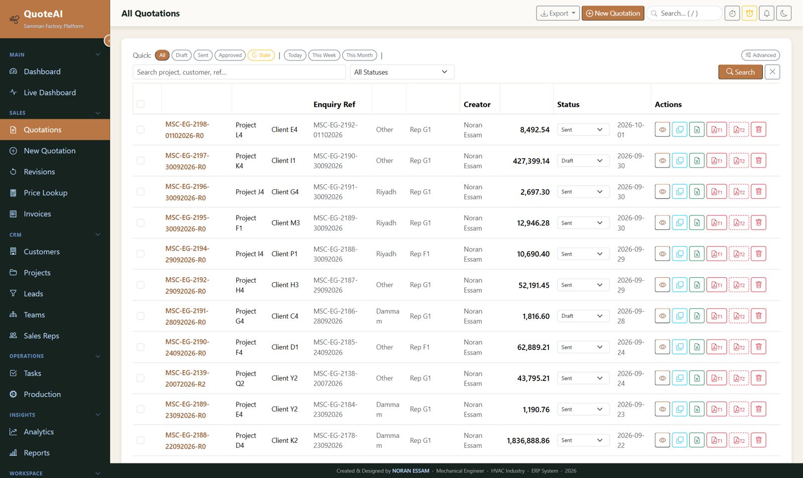 QuoteAI quotations list with references, customers, values, and statuses