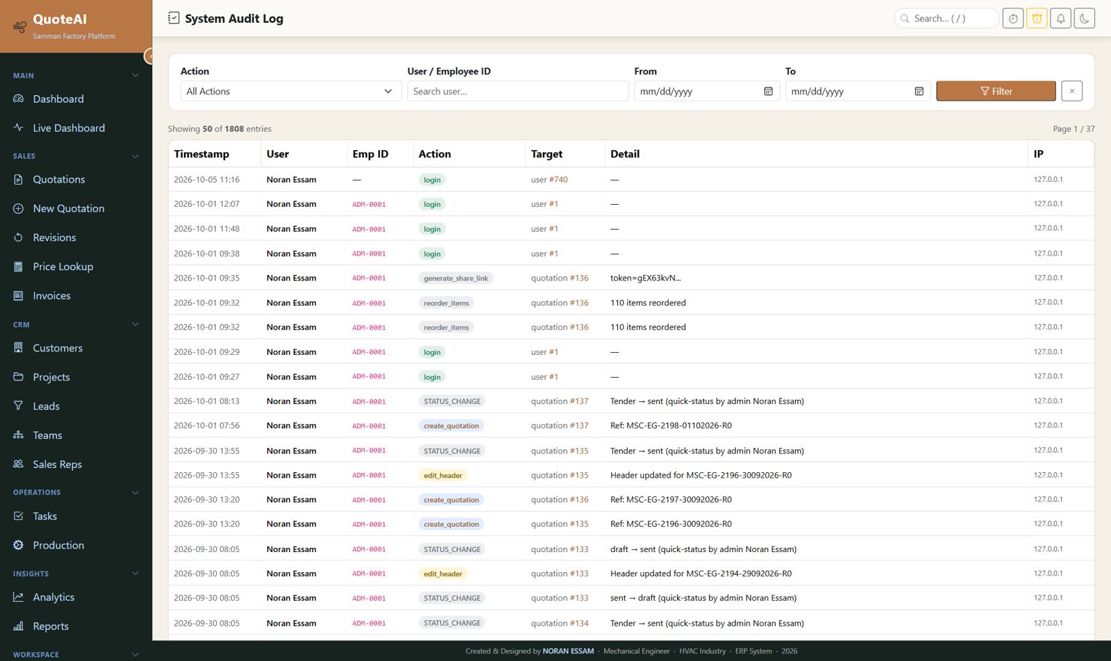 System audit log listing user actions with timestamps and targets